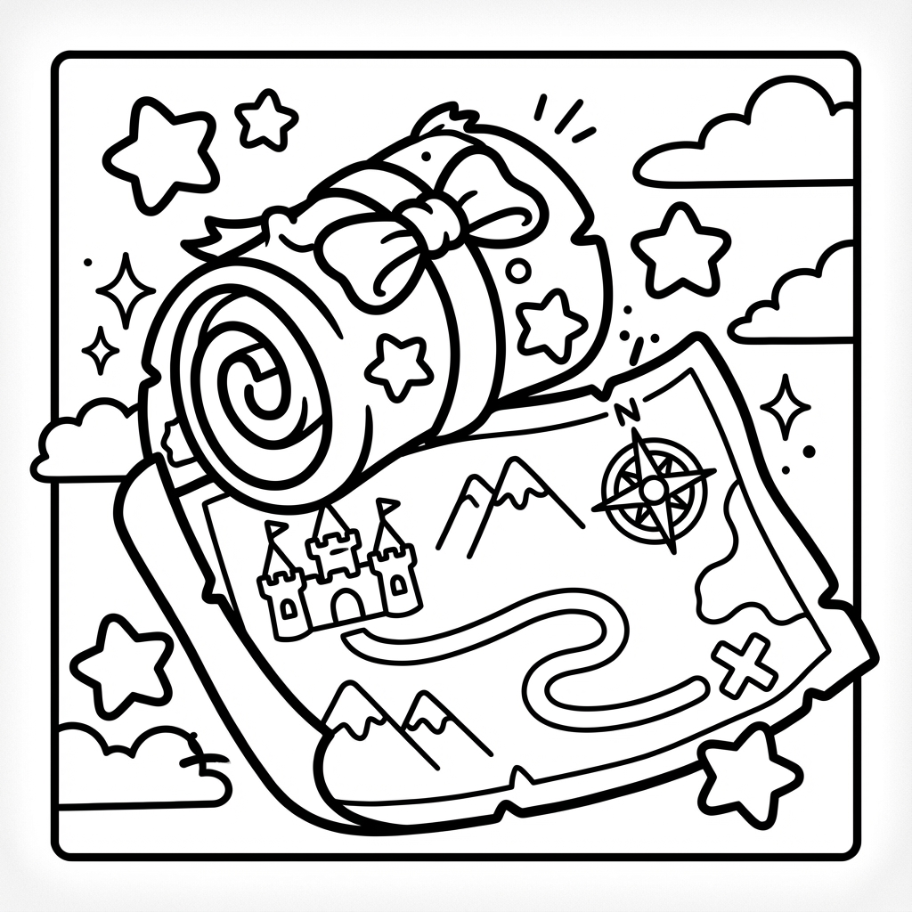 Unrolled treasure map scroll with a castle, a great thick line coloring pages printable.